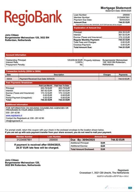 Download Netherlands Regiobank mortgage statement Word and PDF template Photoshop template